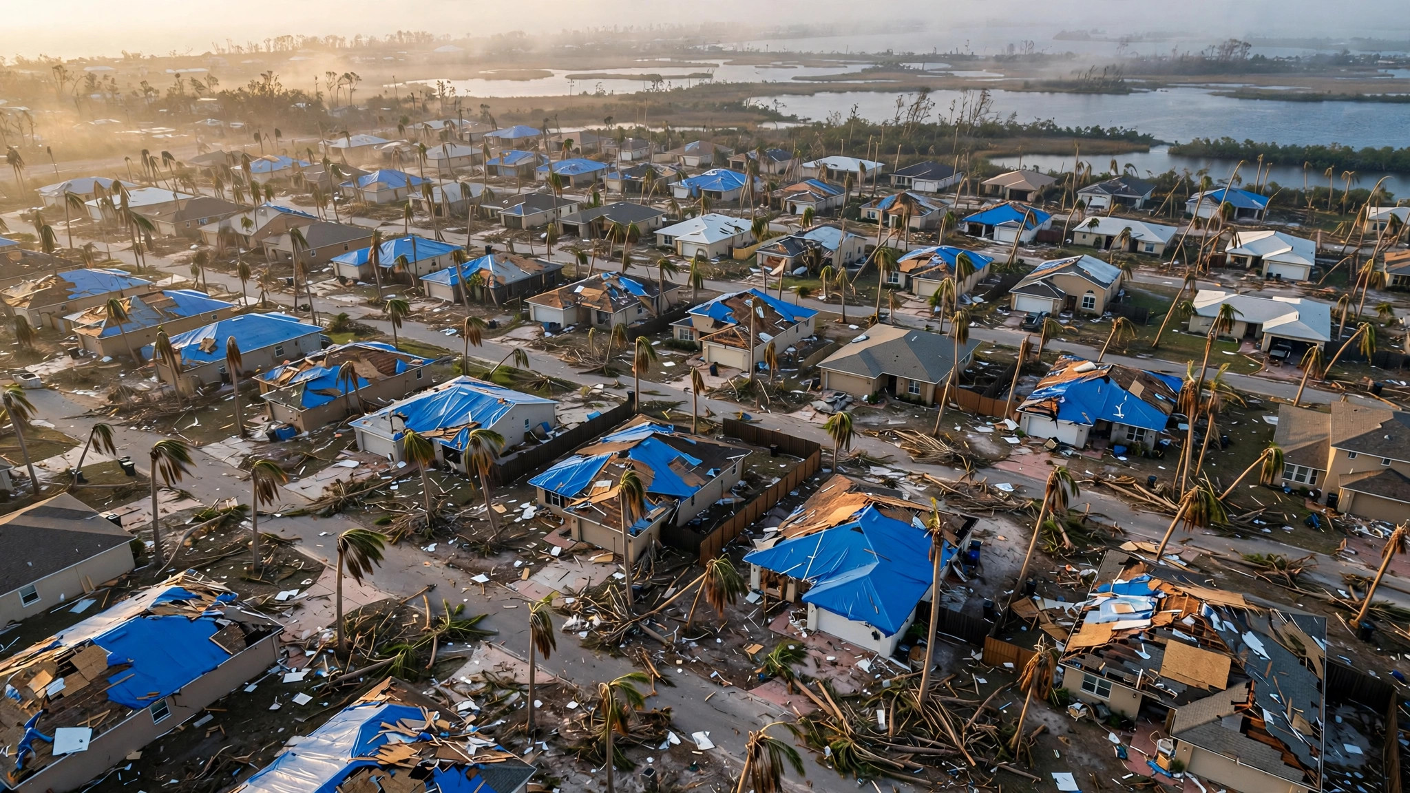 Florida coastal property after a hurricane, with tarped roofs and repair work