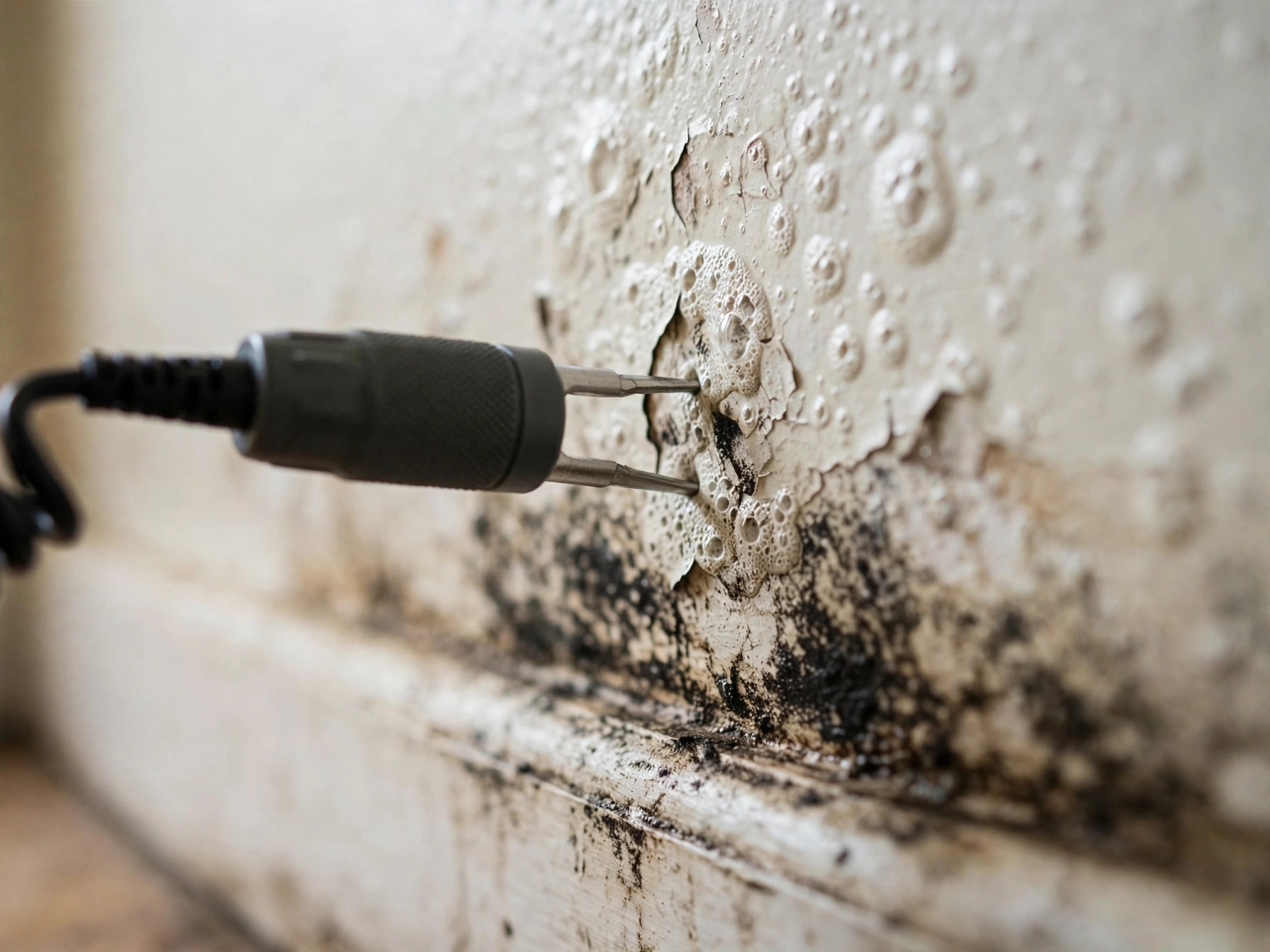 Moisture meter reading on a damaged wall during an appraisal inspection