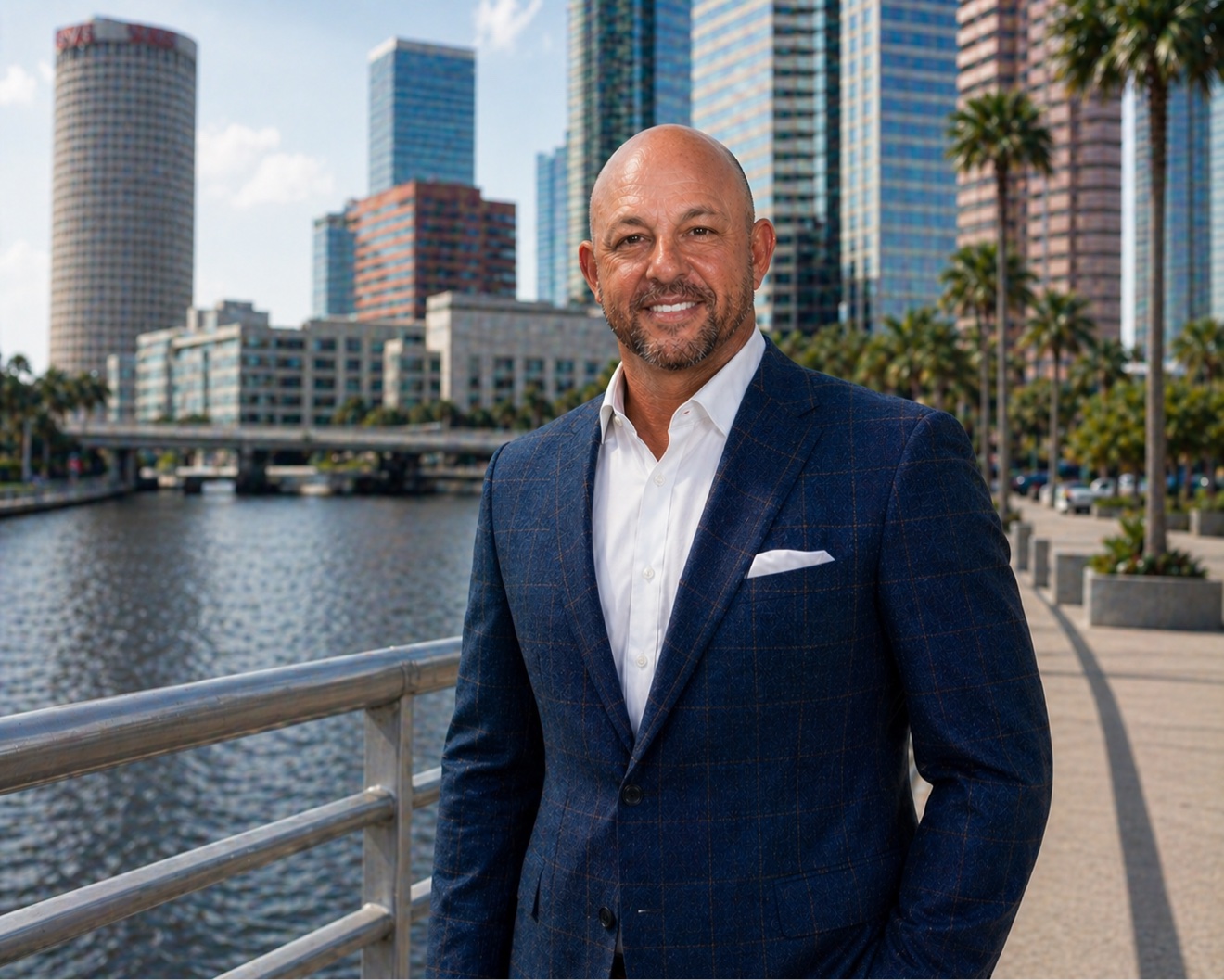 Nathan Sheppard standing on the Tampa Riverwalk with the downtown Tampa skyline behind him